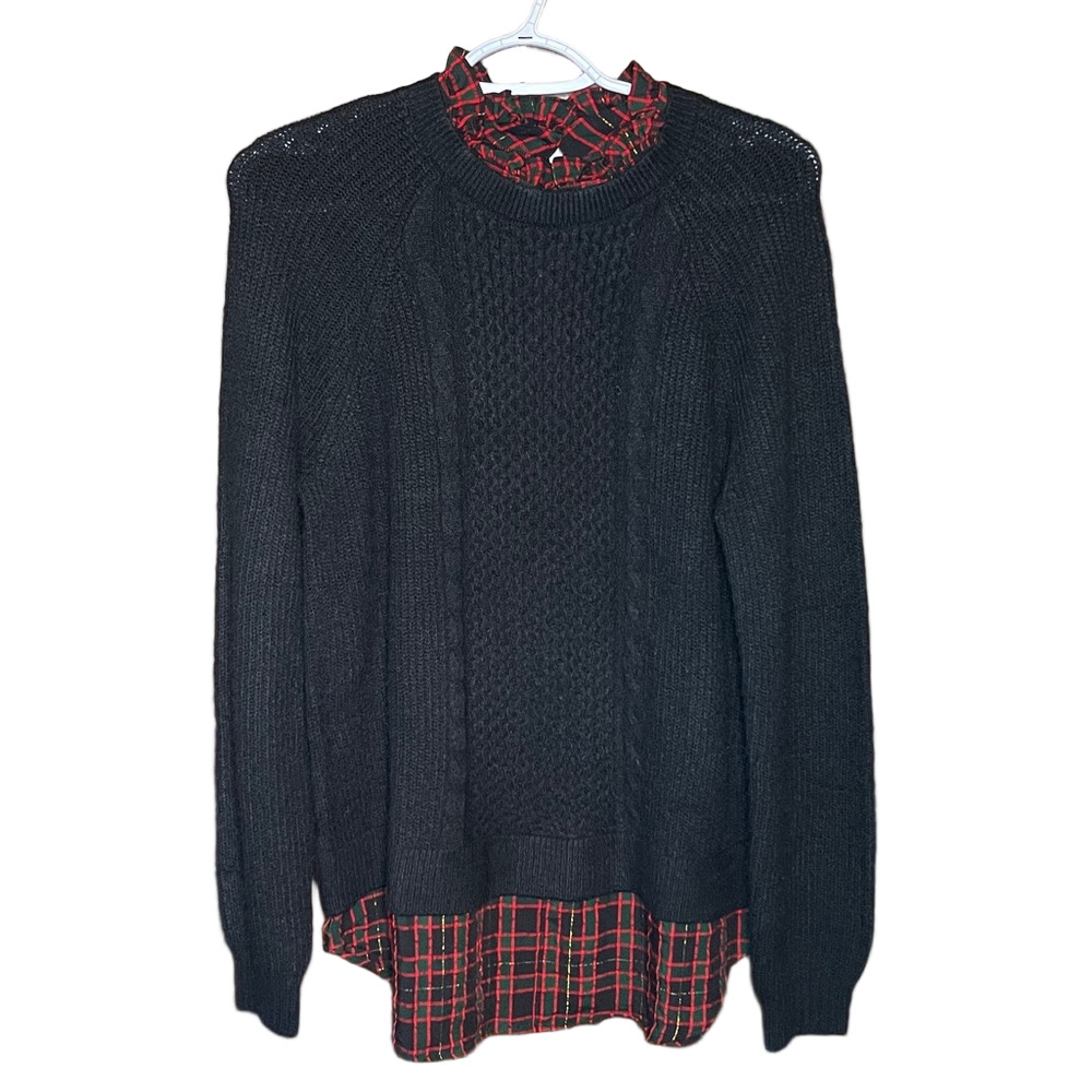 LOFT Black Sweater with Red and Green Plaid Accent